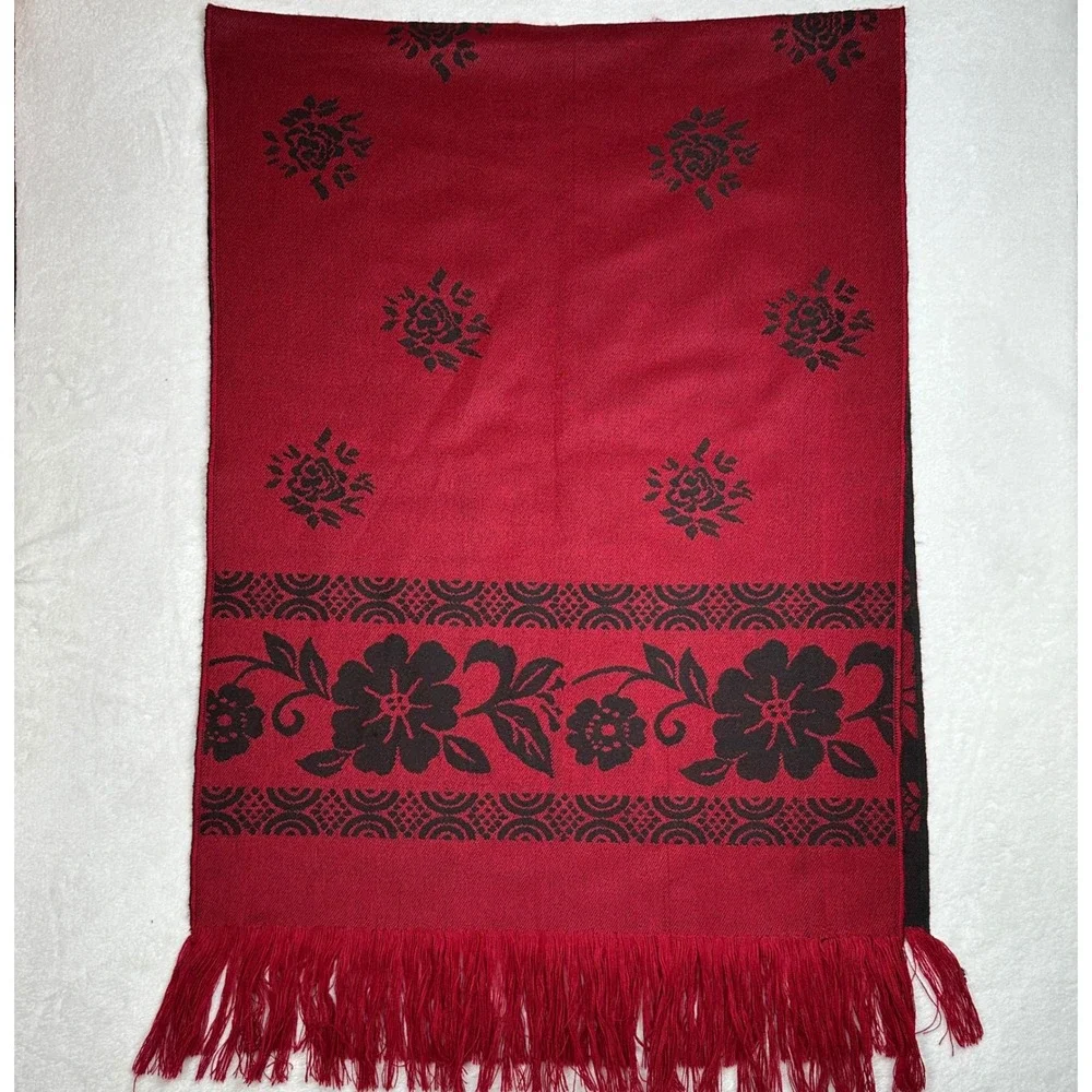 Red‎ Black Floral Rose Fringe Scarf Shawl Wrap Womens